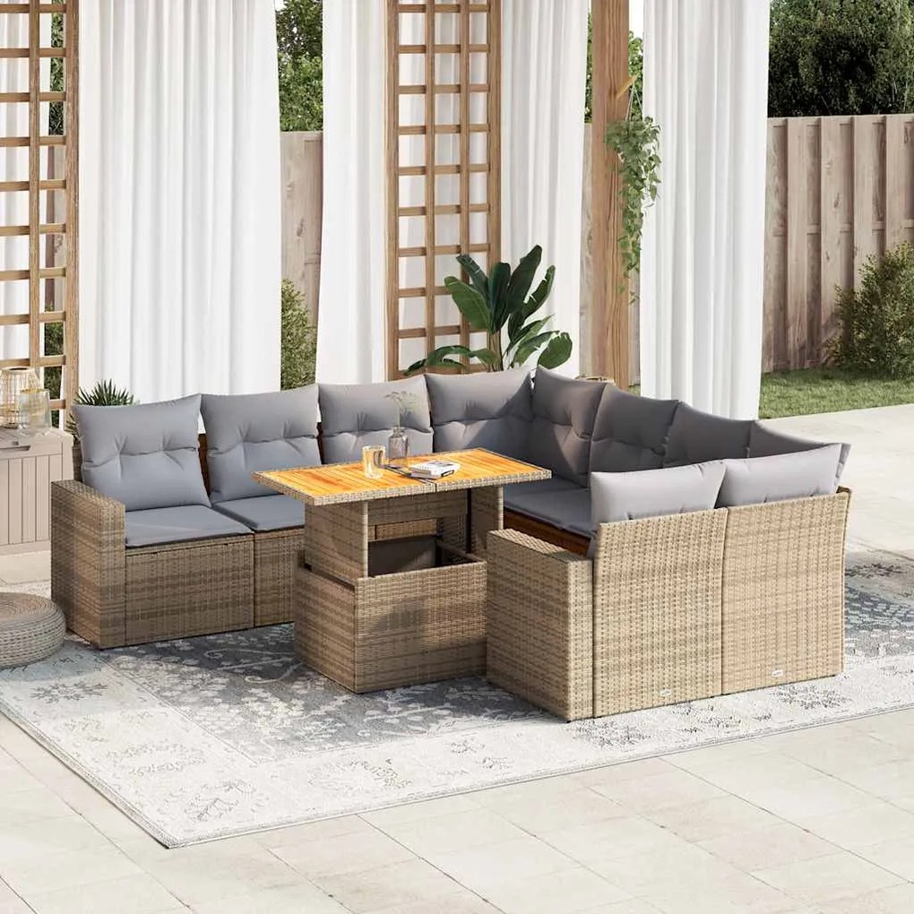 vidaXL 9 pcs conjunto de sofás p/ jardim com almofadões vime PE bege