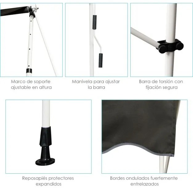 Toldo Telescópico e Retrátil 250 x 125 cm Resistente aos Raios UV Impermeável com Manivela Manual e Altura Ajustável para Janela Varanda Cinza