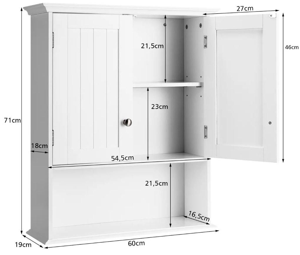 Armário de parede para casa de banho em madeira com portas e Estantes multiusos 60 x 19 x 71 cm Branco