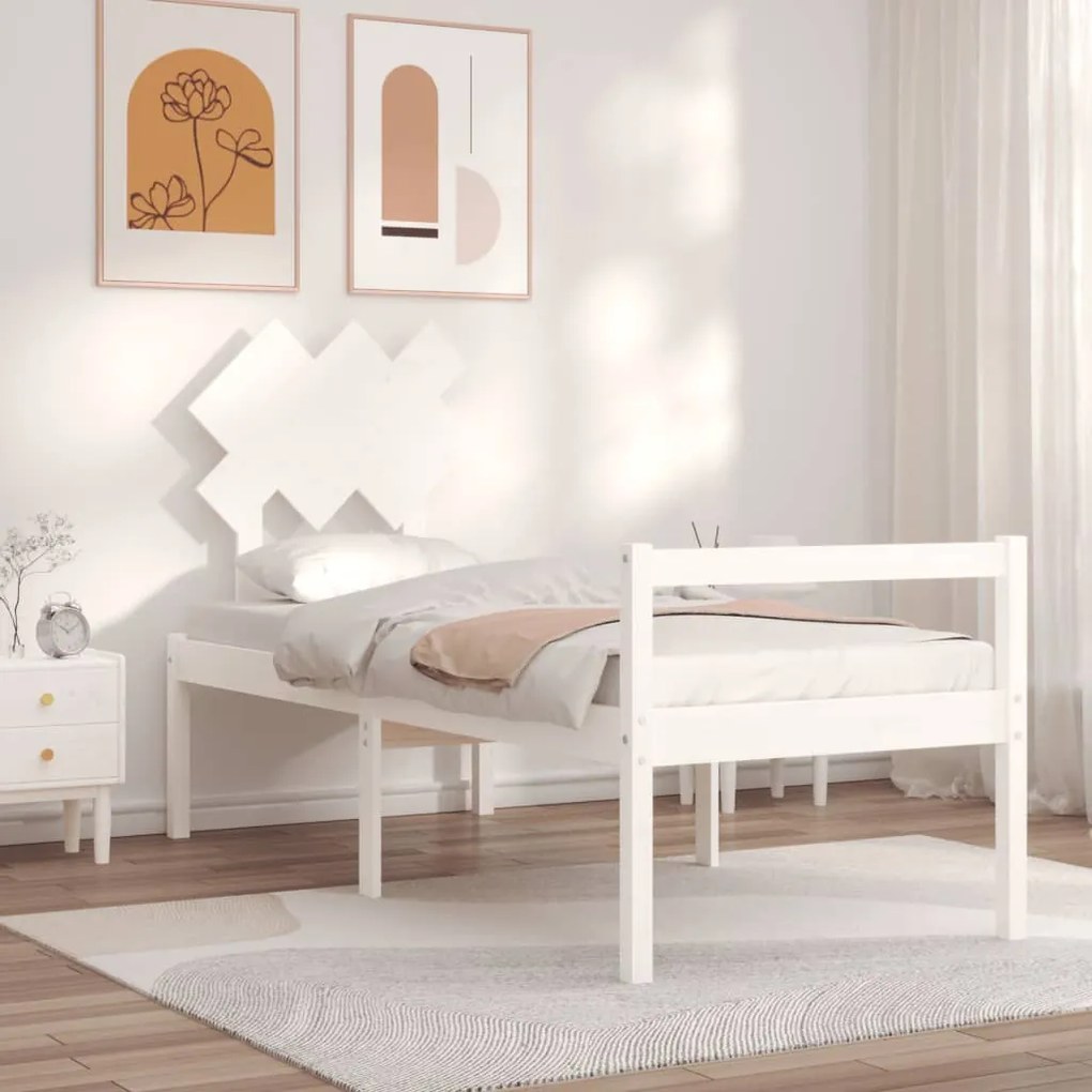 vidaXL Cama de solteiro para idosos c/ cabeceira madeira maciça branco