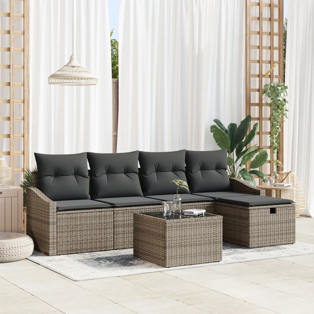 Conjunto de Sofás de Jardim de 6 Peças com Almofadas Cinza Poliratan