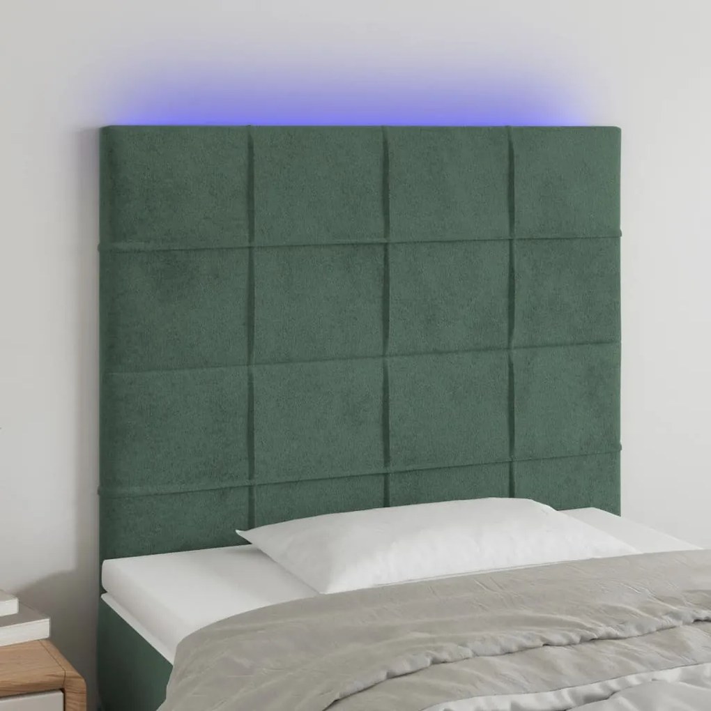 Cabeceira de cama c/ LED veludo 80x5x118/128 cm verde-escuro
