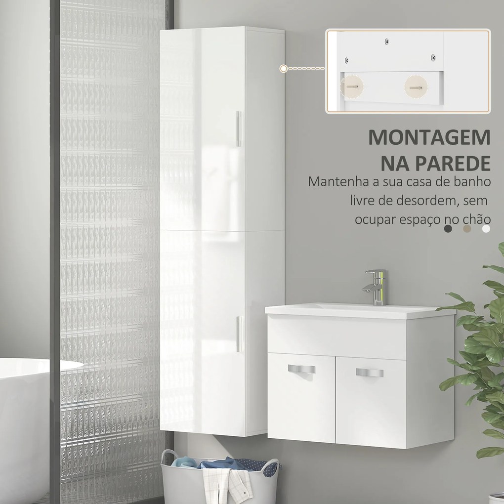 Coluna Casa de Banho de Parede Armário Alto Casa de Banho com Prateleiras Ajustáveis e 2 Portas  40x30x160 cm Branco
