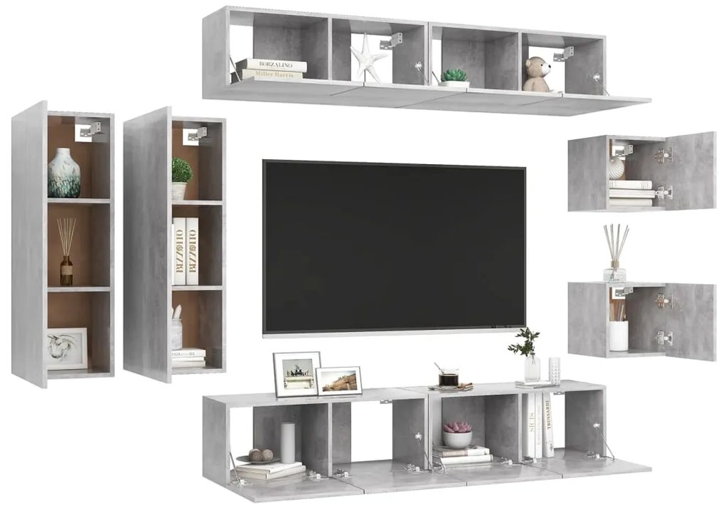 8 pcs conjunto móveis TV derivados de madeira cinzento cimento