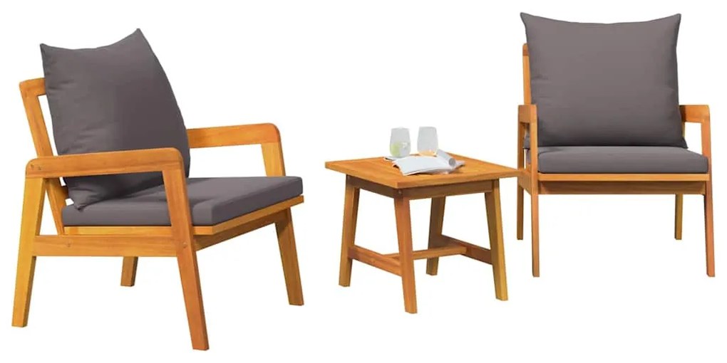 Conjunto de Bistro de 3 Peças com Almofadas em Madeira Sólida de Acáci