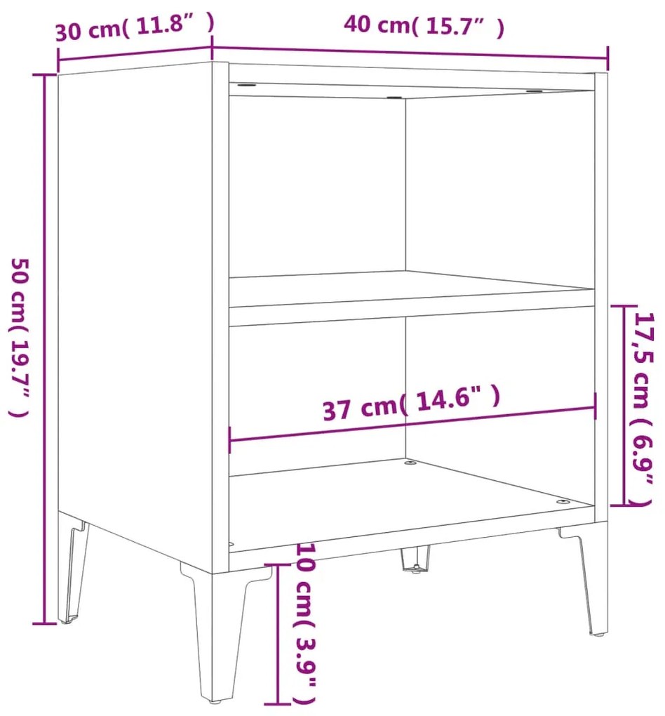 Mesas cabeceira pernas metal 2 pcs 40x30x50 cm branco brilhante