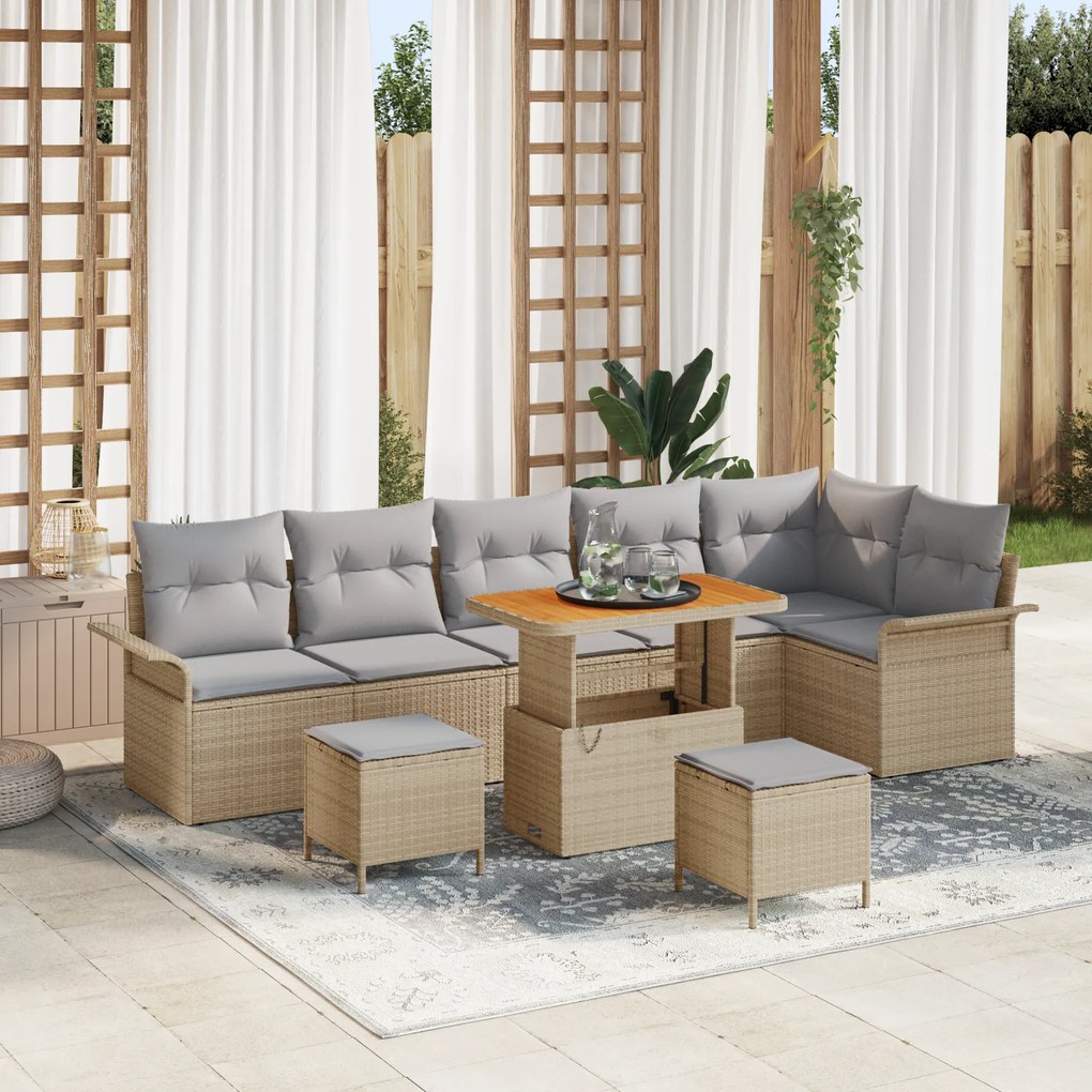 Conjunto de Sofá de Jardim 9 Peças com Almofadas Bege Rattan Poli Acác
