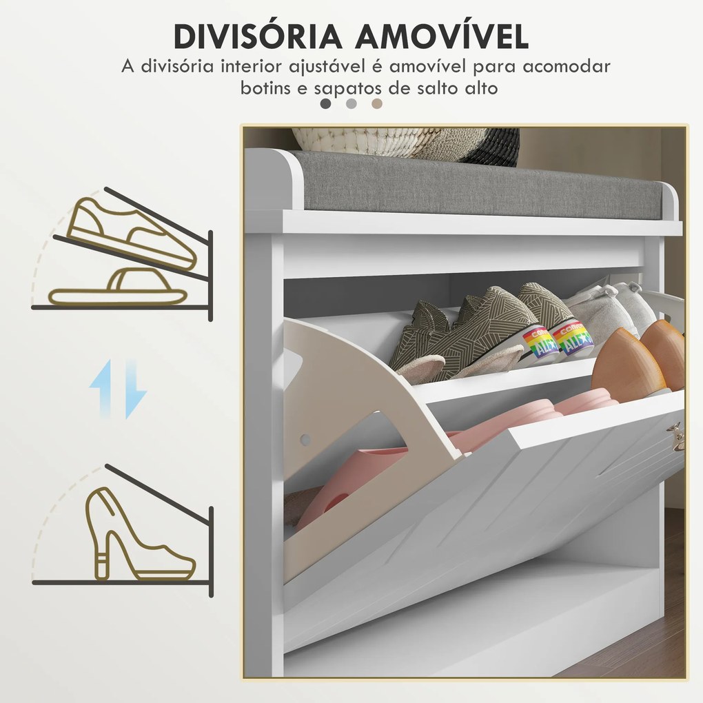 Banco Sapateira Moderno de Madeira com Prateleiras Ajustáveis e Almofada Acolchoada para 8 Pares de Sapatos 80x26x45 cm Branco