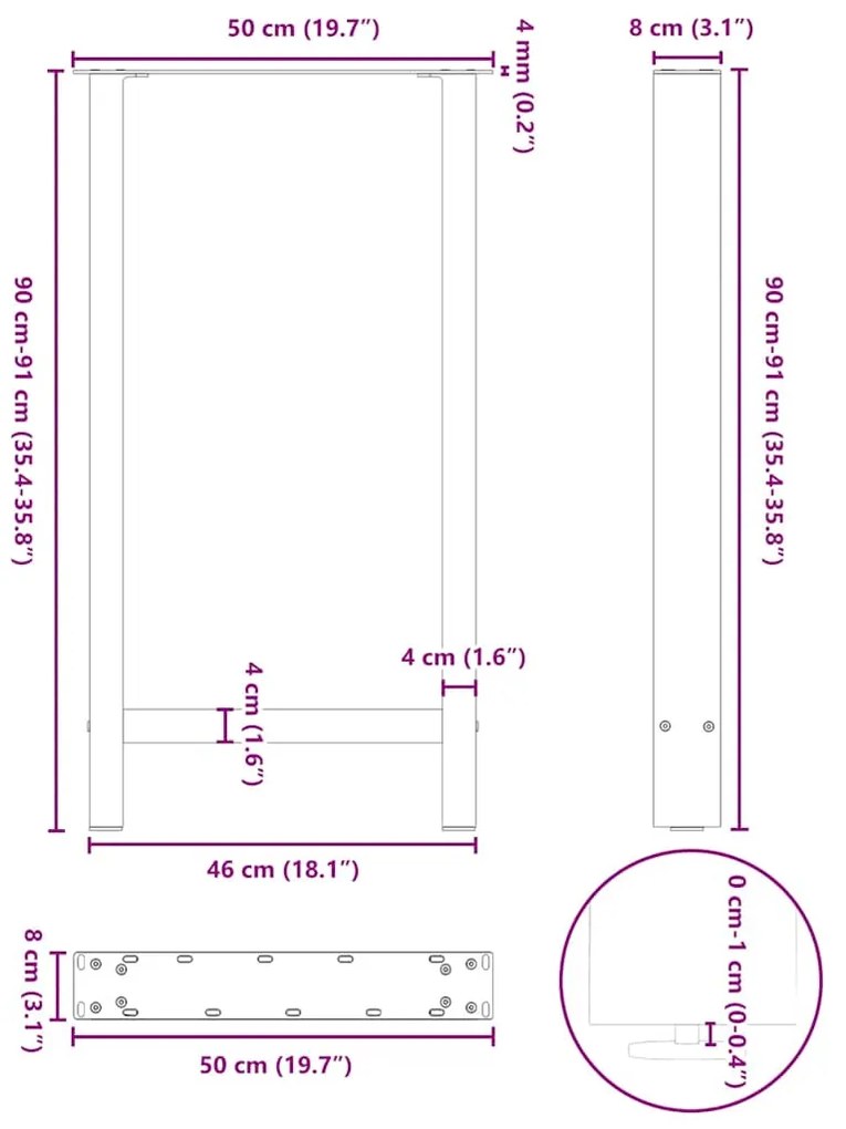 Pés de mesa de bar em aço natural, 2 peças, 50x(90-91) cm, aço