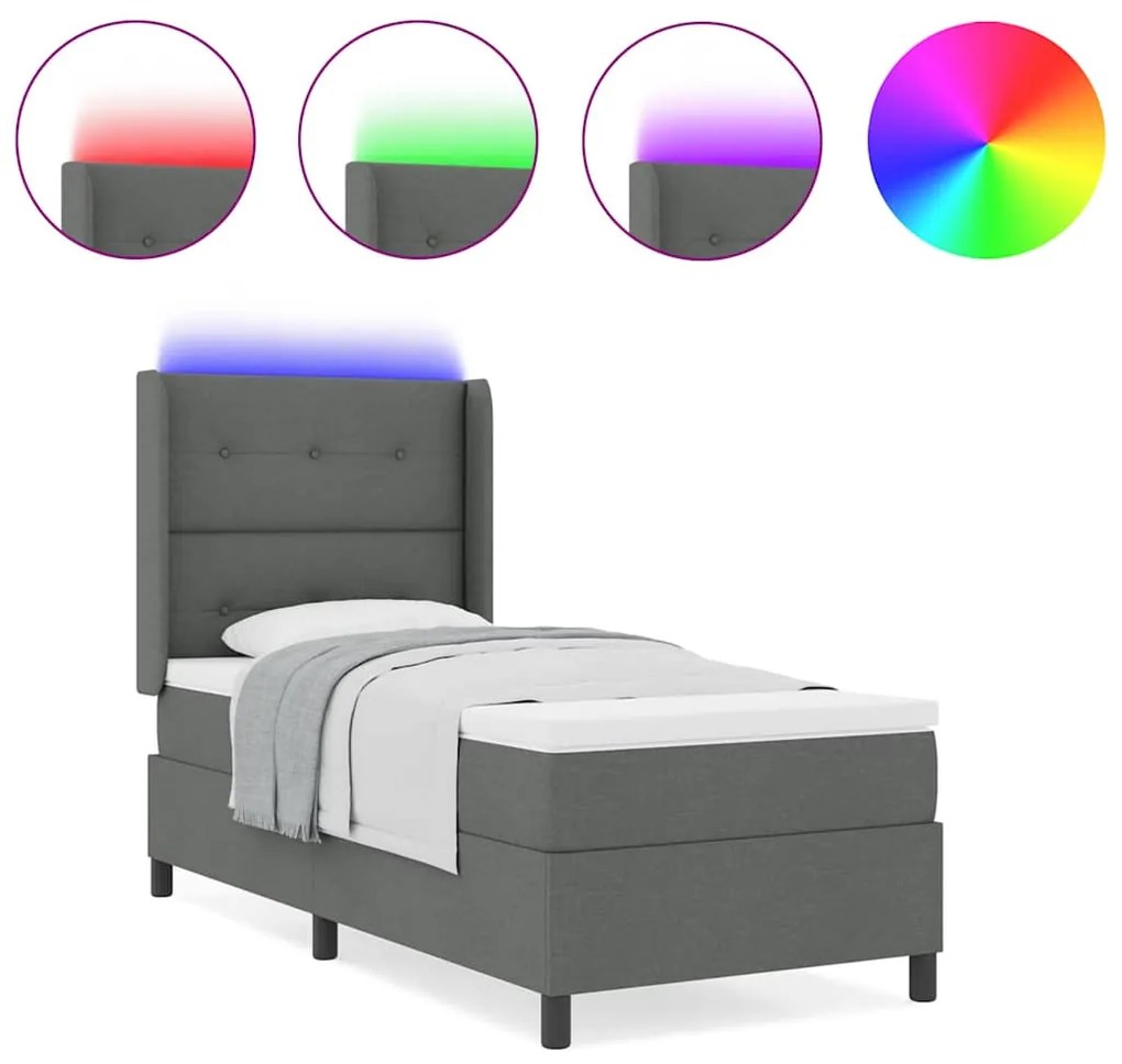 Cama com Estrado e Colchão &amp; LED Cinza Escuro 100x200 cm Tecido