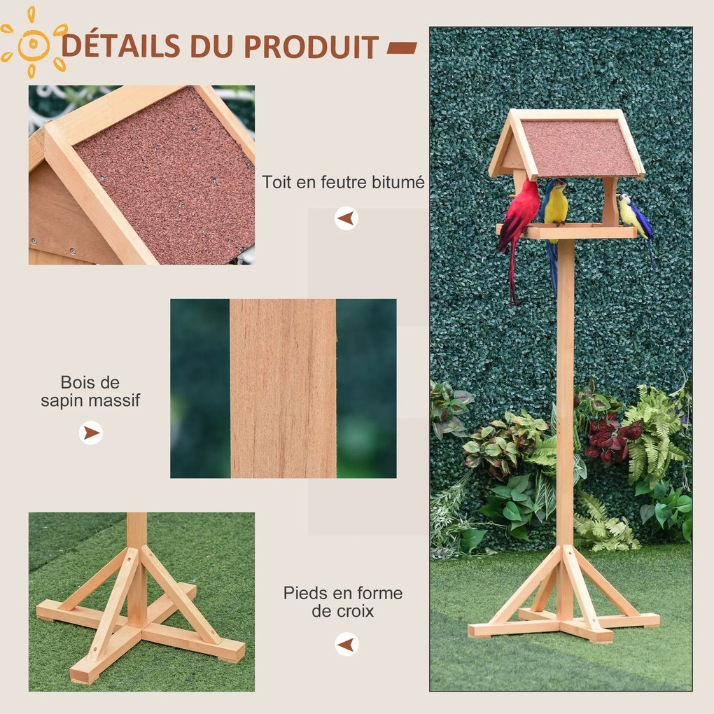 Comedouro para pássaros de exterior com suporte, teto resistente às intempéries, madeira maciça, 55 x 55 x 144 cm, madeira natural