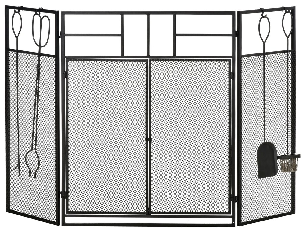 HOMCOM Frente para Lareira Dobrável Proteção para Lareira de 3 Painéis com Dupla Porta 4 Ferramentas e Gancho Estrutura de Metal 122x2x79cm Preto