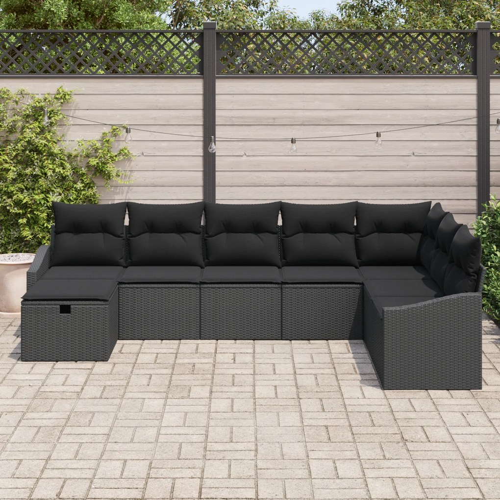 Conjunto de Sofá de Jardim de 8 Peças com Almofadas Preto Poliratan