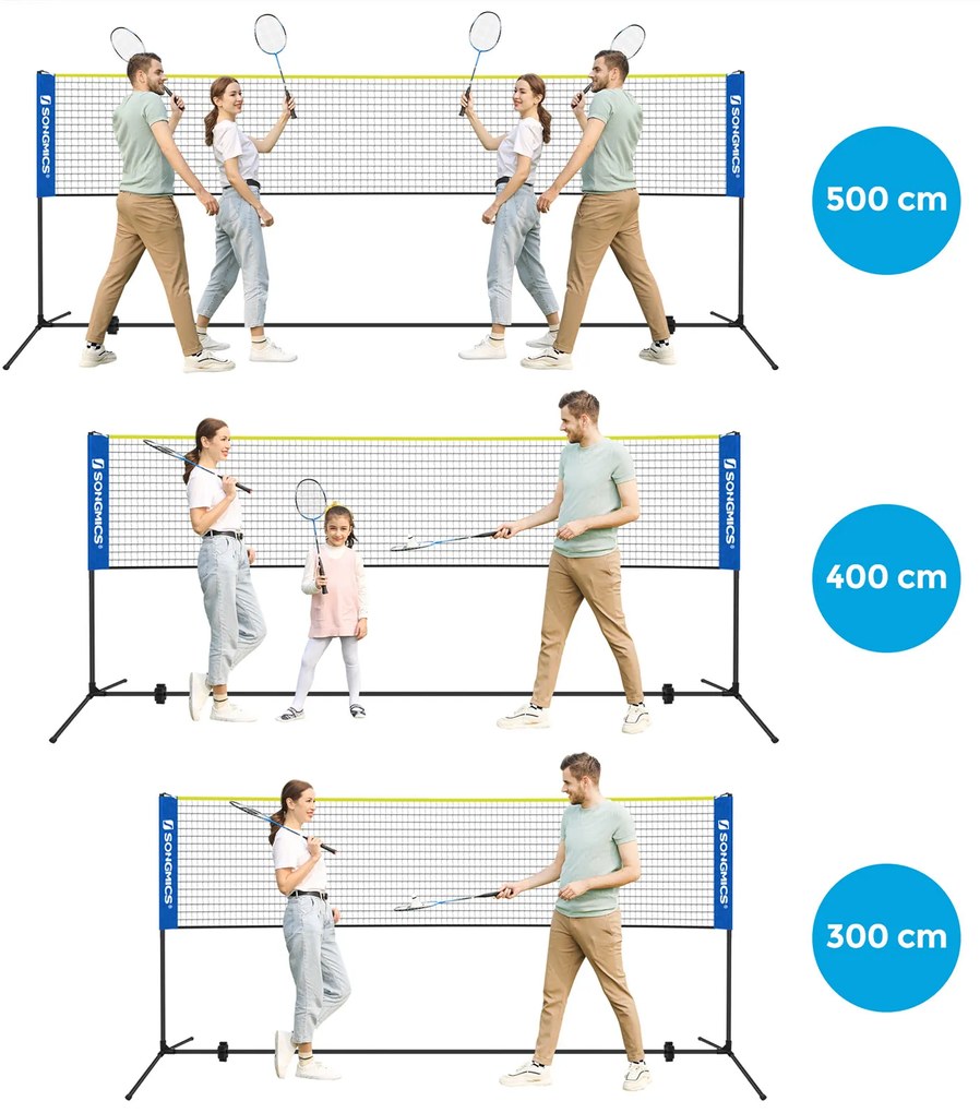 Rede de badminton regulável em altura 500 x 103 x 155 cm com saco de transporte azul-amarelo