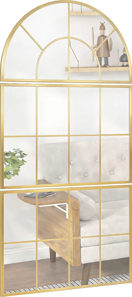 Espelho de parede arqueado 76 x 150 cm, espelho de parede em forma de janela, conjunto de 3 peças, moldura em metal, dourado