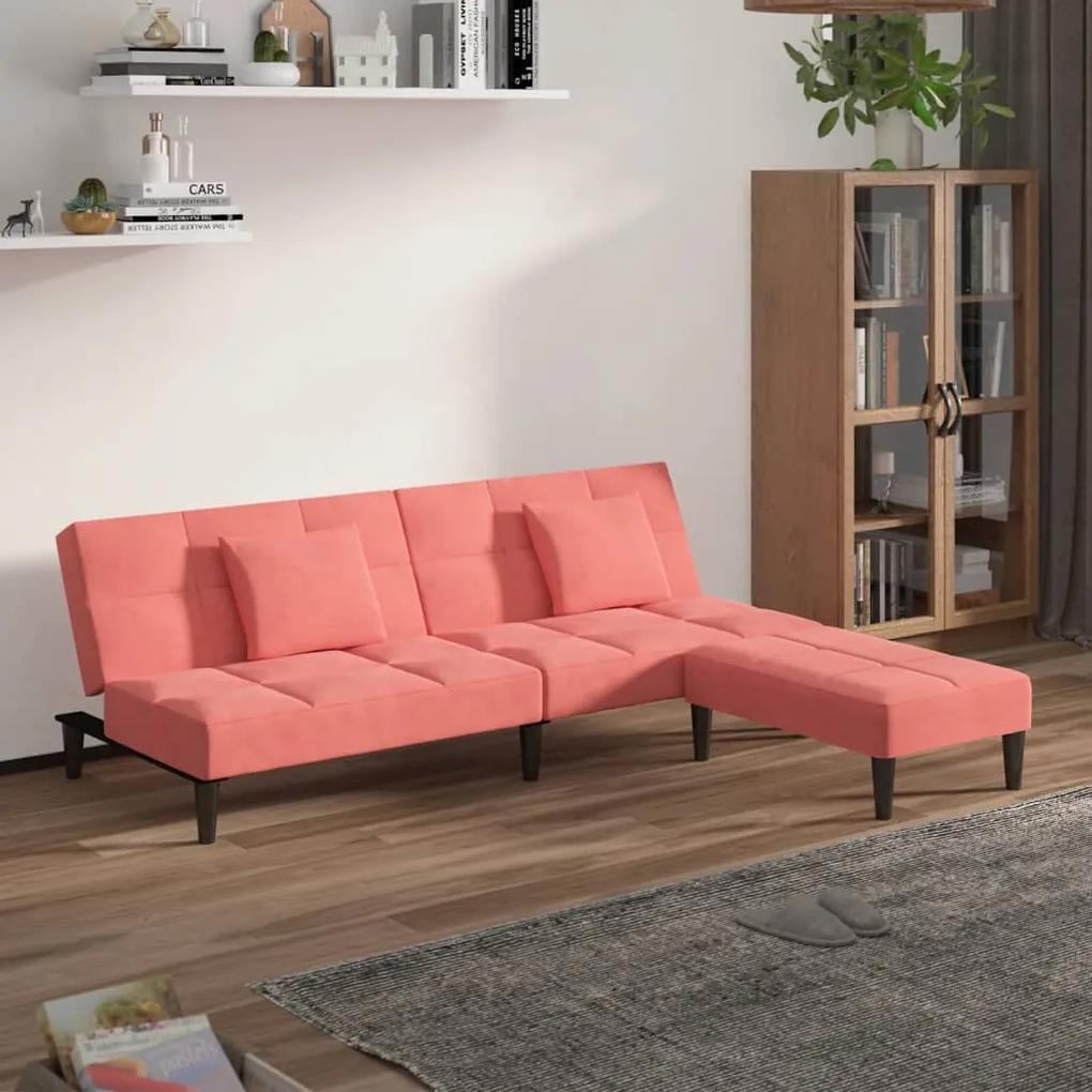 Sofá-cama 2 lug. c/ duas almofadas e apoio de pés veludo rosa