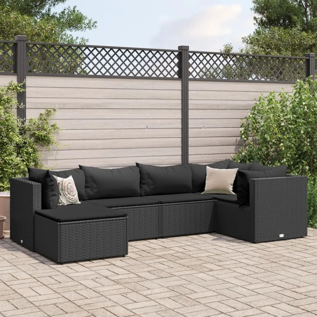 6 pcs conjunto lounge de jardim c/ almofadões vime PE preto