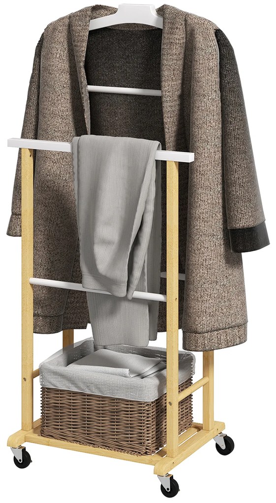 Cabide de Pé de Bambu com Rodas Cabide para Roupas com Barras para Calças e Prateleira Inferior para Sapatos Estilo Nórdico 47x33,7x105,5 cm Madeira e