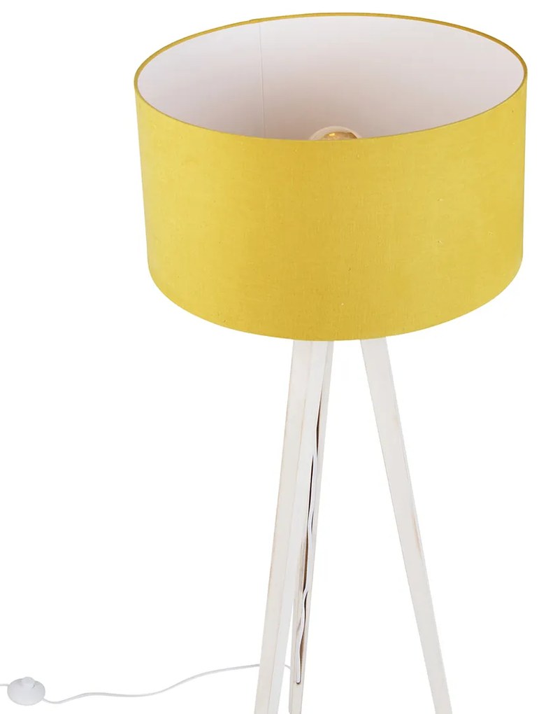 Candeeiro de pé tripé branco com abajur de tecido amarelo 50cm - Tripod Classic Rústico ,Moderno