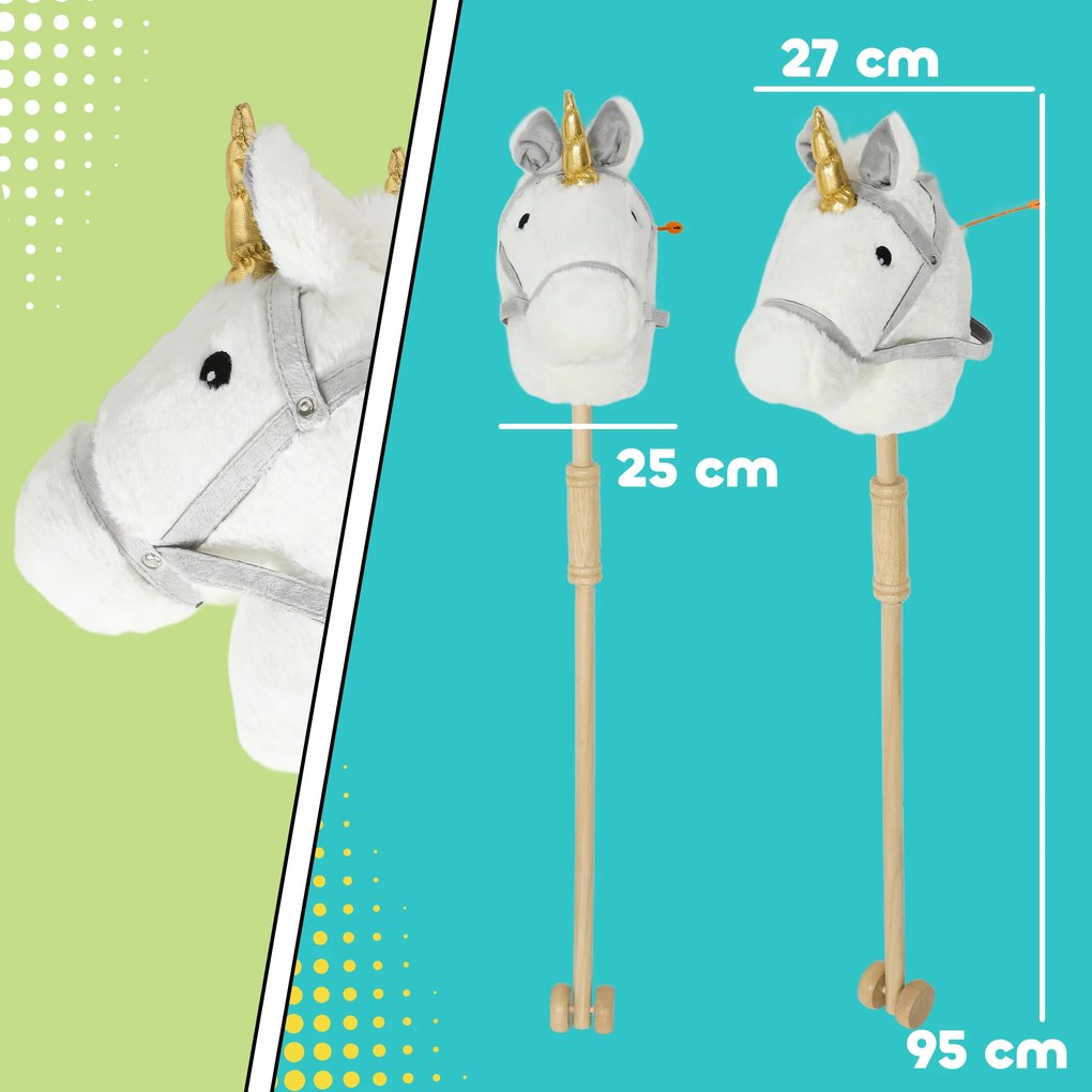Cavalo com Pau de Madeira Design Unicórnio Sons e Rodas Cavalo de Brinquedo 95x25x27 cm Branco