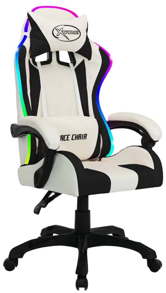 Cadeira estilo corrida luzes LED RGB couro artif. branco/preto