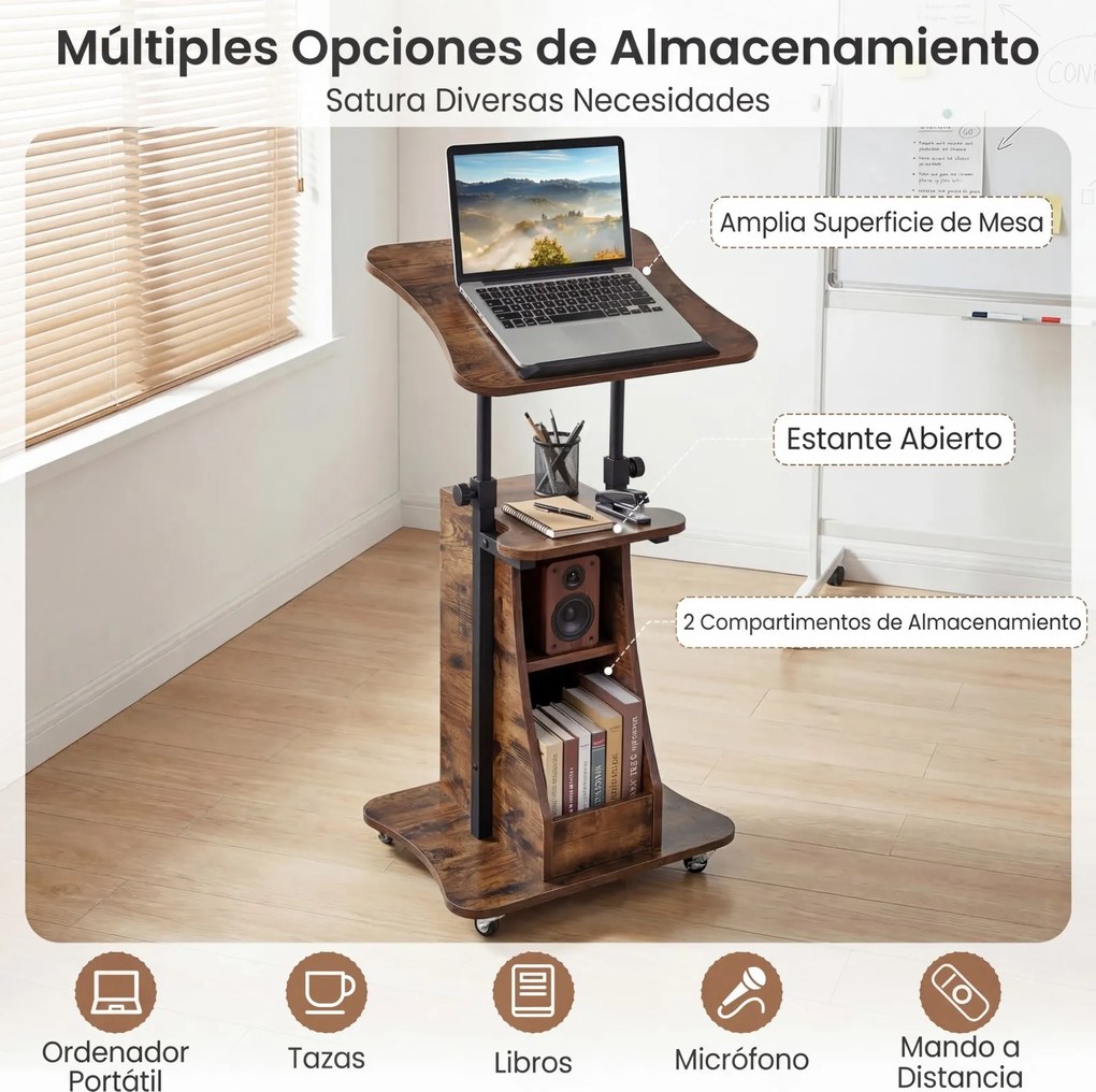 Mesa de Orador Móvel, 50 x 40 x 72-112 cm, Altura Ajustável, Castanho