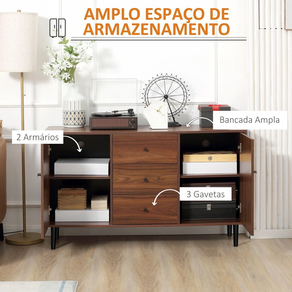 HOMCOM Aparador para Sala de Estar Aparador Buffet Moderno Móvel Auxiliar de Cozinha com 2 Portas e 3 Gavetas para Sala de Jantar Escritório 127x40x76cm Castanho Avermelhado e Preto