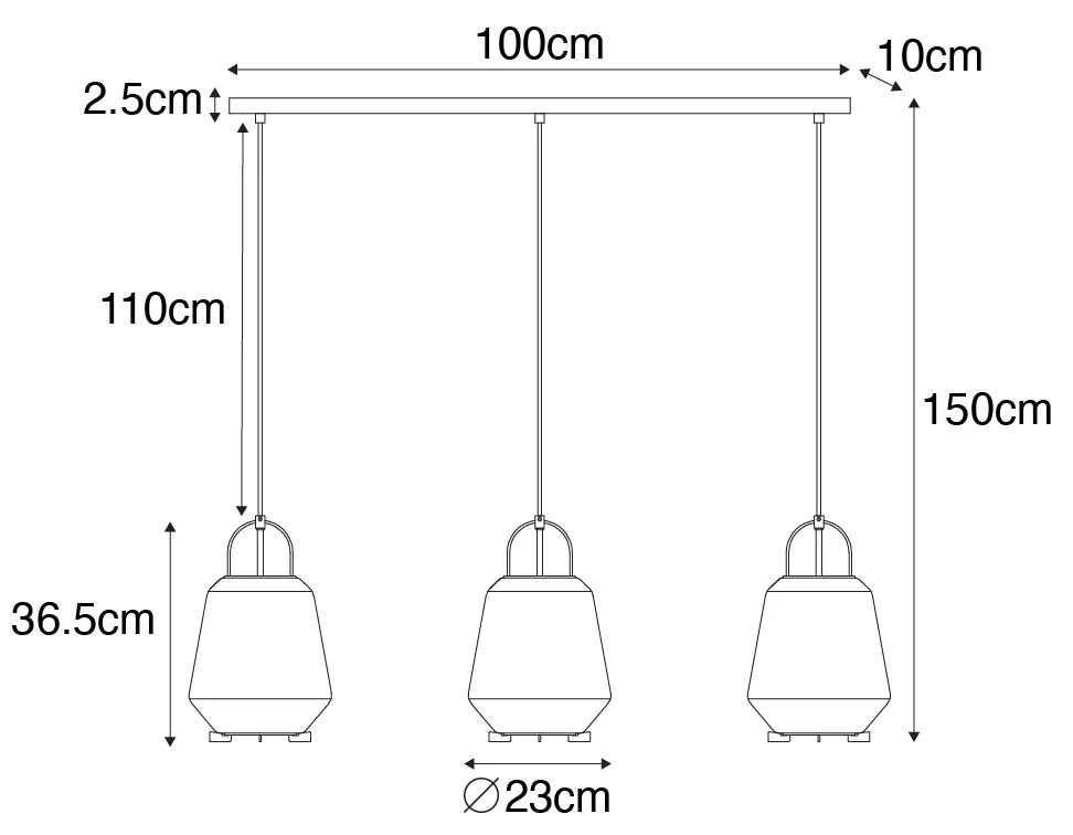 Candeeiro suspenso preto com vidro fumê 23 cm oblongo 3 luzes - Kevin Art Deco