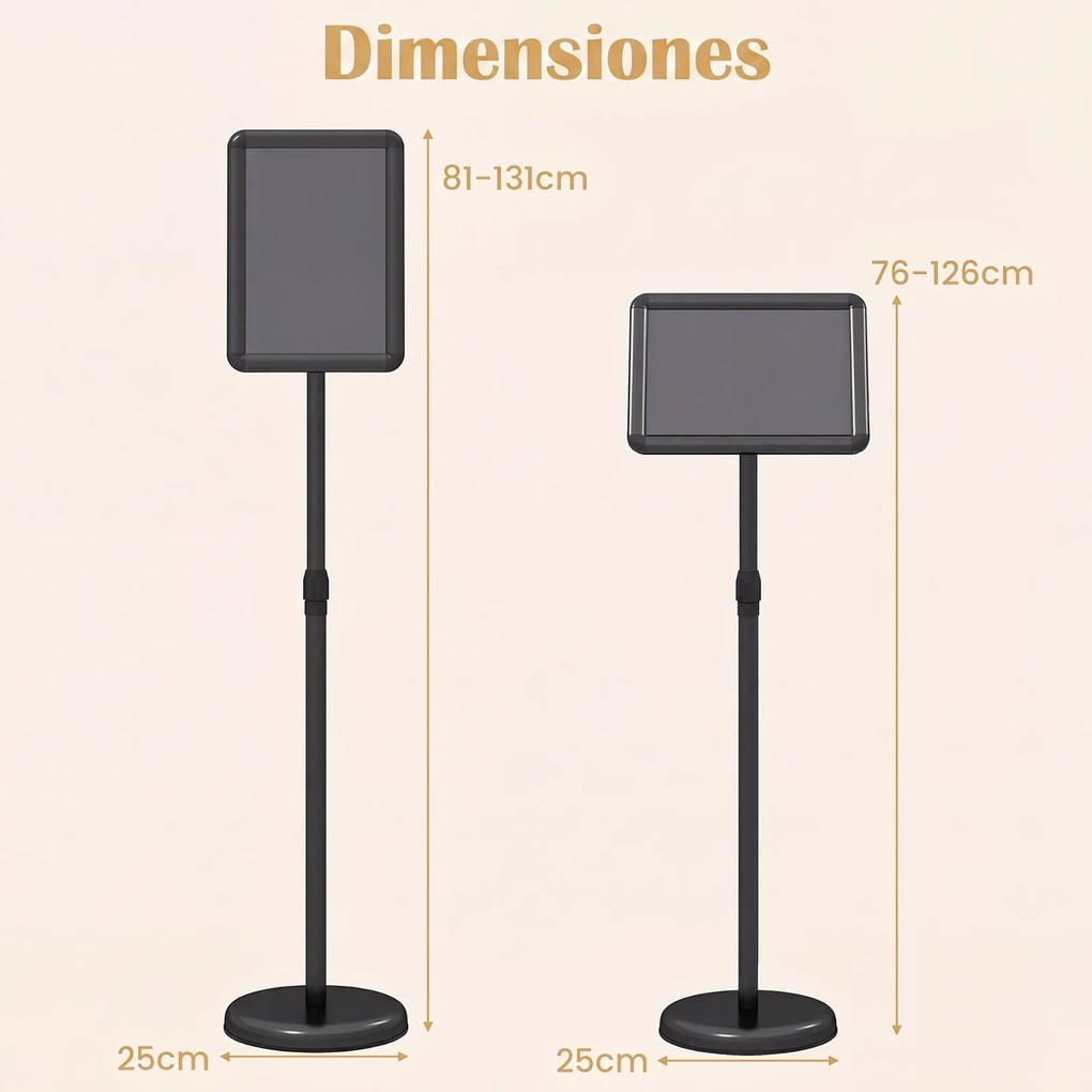 Conjunto de 2 Suportes de Chão para Cartazes A4, 21 x 30 x 81-131 cm, Altura Ajustável, Preto
