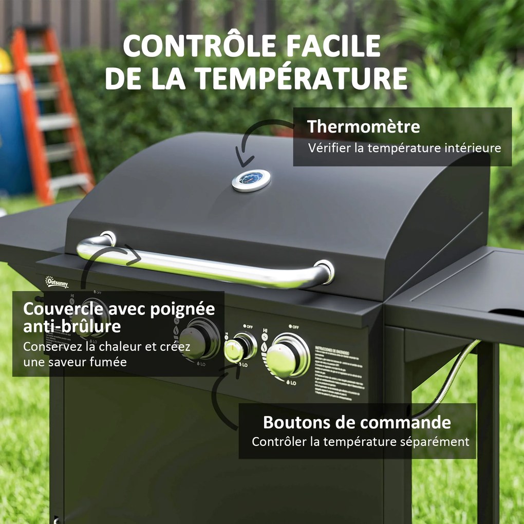 Grelhador a gás com 3+1 queimadores em aço, potência de 9,5 kW, churrasqueira de jardim com 2 grelhas e prateleiras laterais, 2 rodas, preta