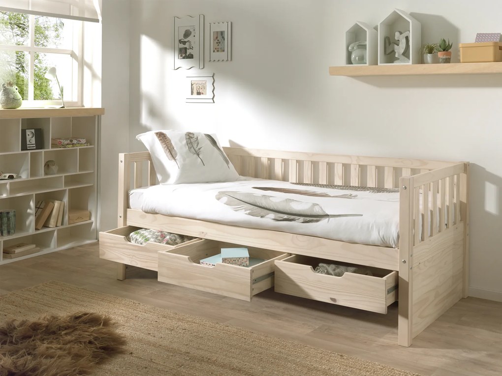 Cama infantil FRITZ (90x200) com 3 gavetas + Estrado NATURAL