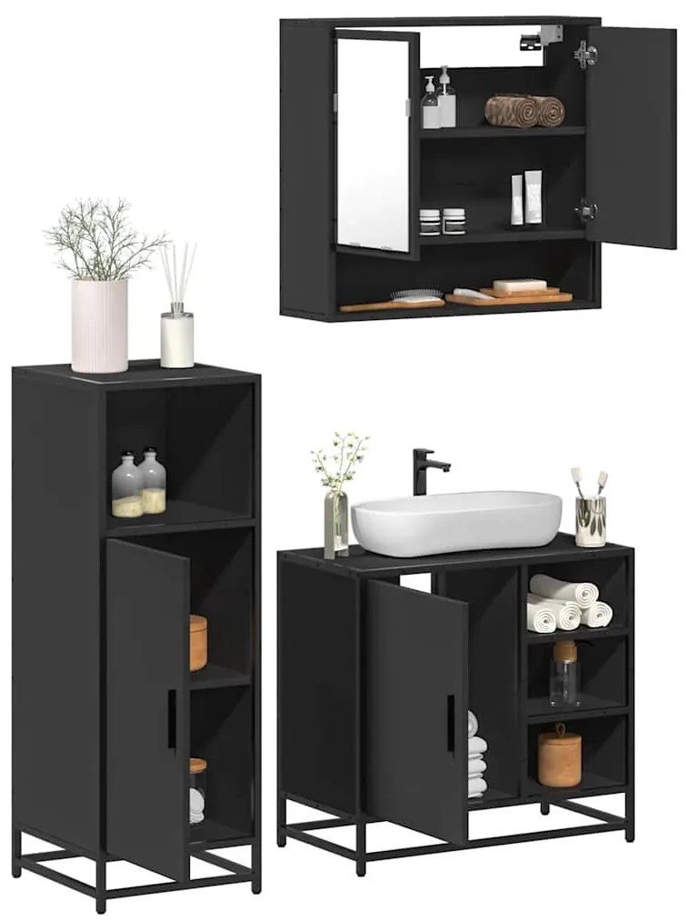 vidaXL 3 pcs conjunto móveis casa de banho derivados de madeira preto