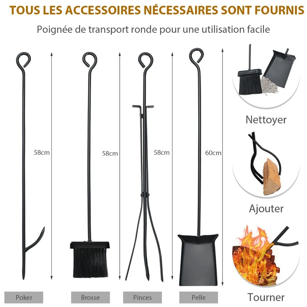 Suporte para lenha de 30 polegadas com 4 suportes para ferramentas e gravetos para ambientes internos e externos