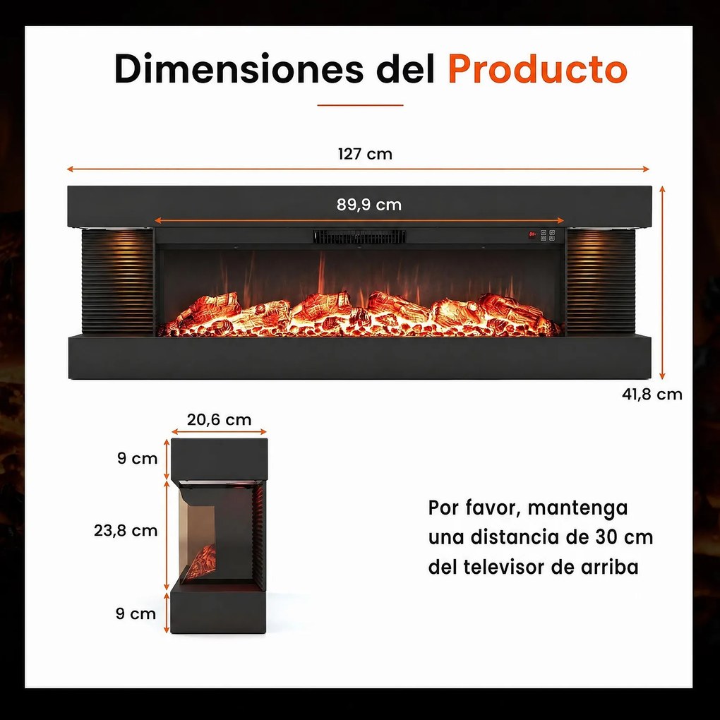 Lareira Elétrica de Parede com Vista de Três Lados, 127 x 20,6 x 41,8 cm, Controlo por Wi-Fi, Preto