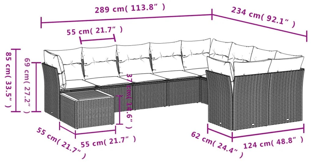 10 pcs conjunto sofás p/ jardim c/ almofadões vime PE cinzento