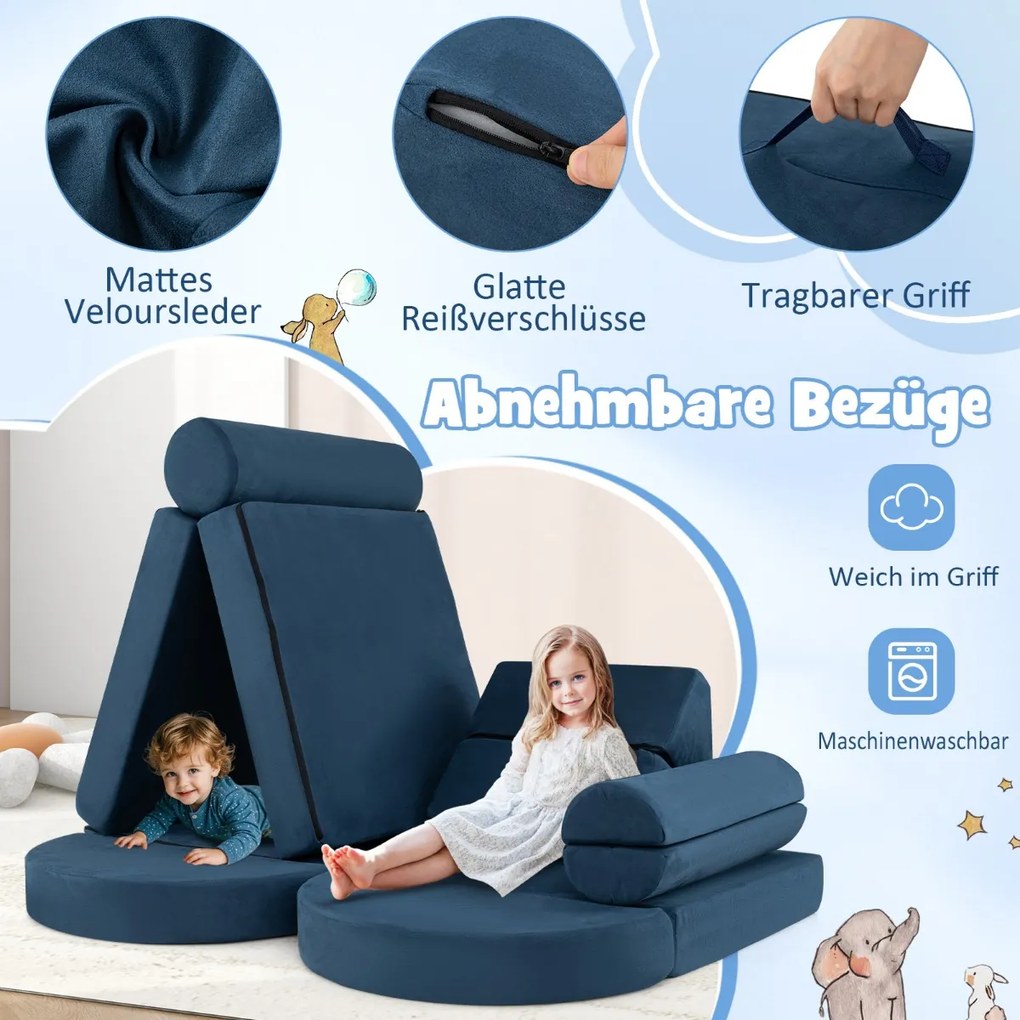 Sofá-cama infantil 2 em 1 que brilha no escuro com capa removível e lavável à máquina, estampa de estrelas, para maiores de 3 anos, azul