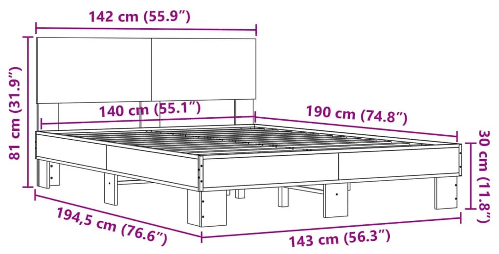 Estrutura cama 140x190 cm derivados de madeira/metal