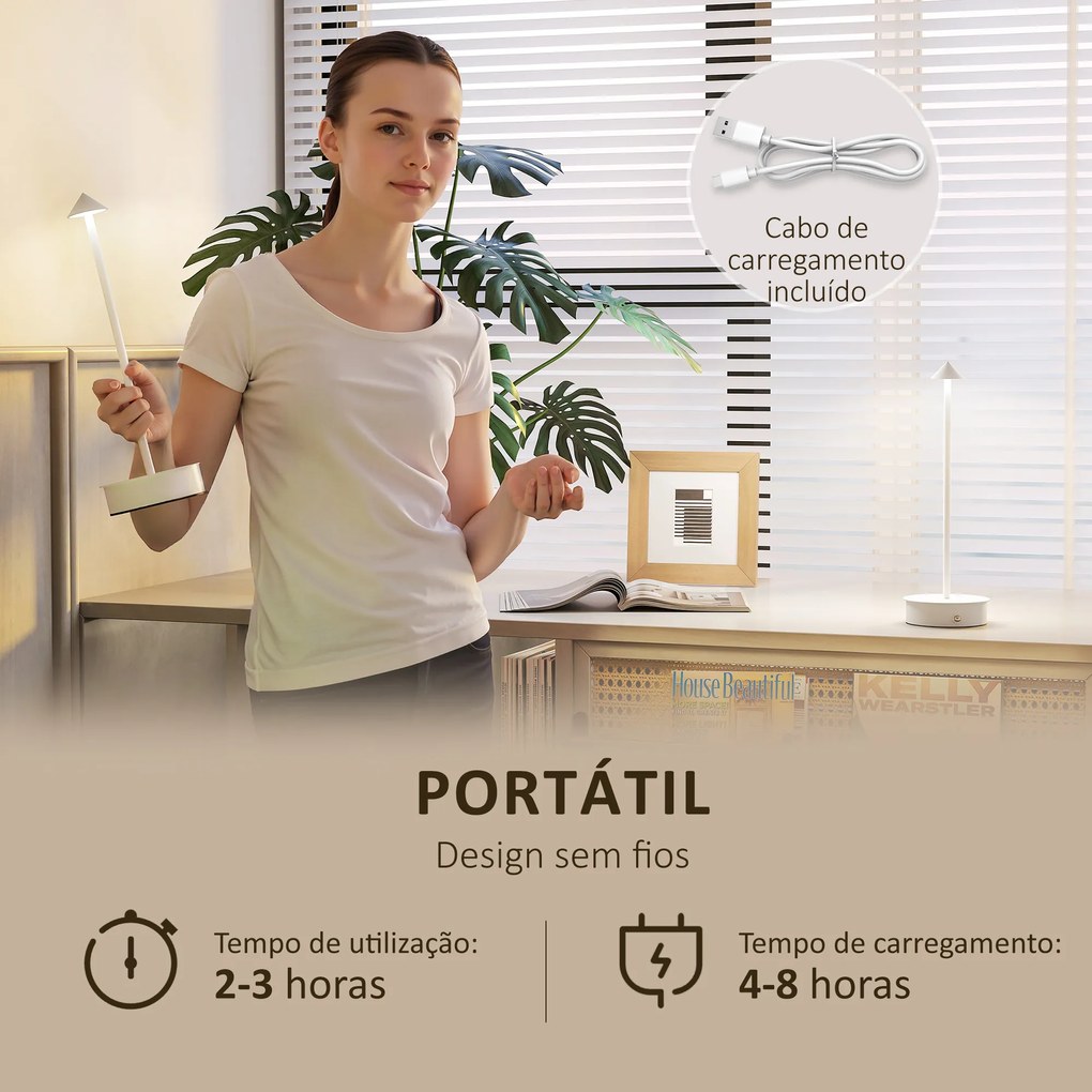Conjunto de 2 Candeeiros de Mesa Recarregáveis por USB Reguláveis com Controlo Táctil 3000K/4500K/6500K Ø10x30 cm Branco