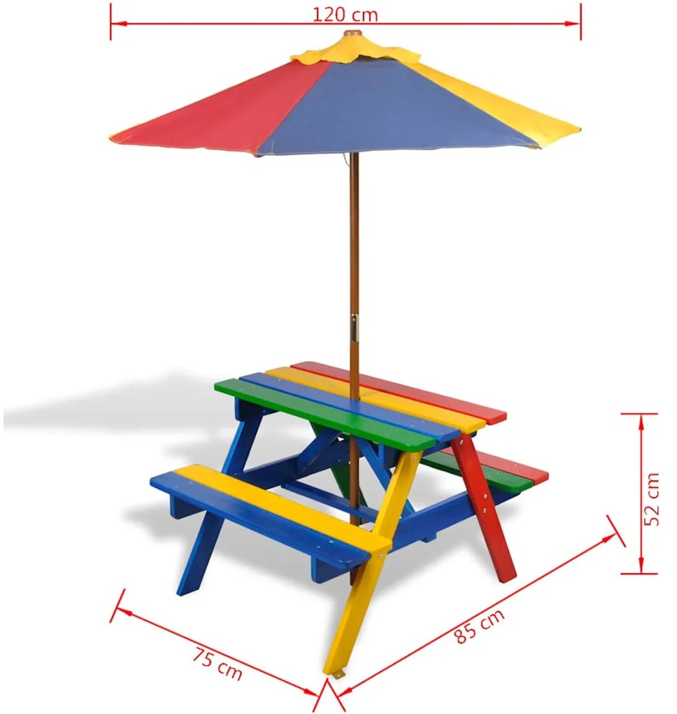 Mesa piquenique infantil + bancos/guarda-sol madeira multicor