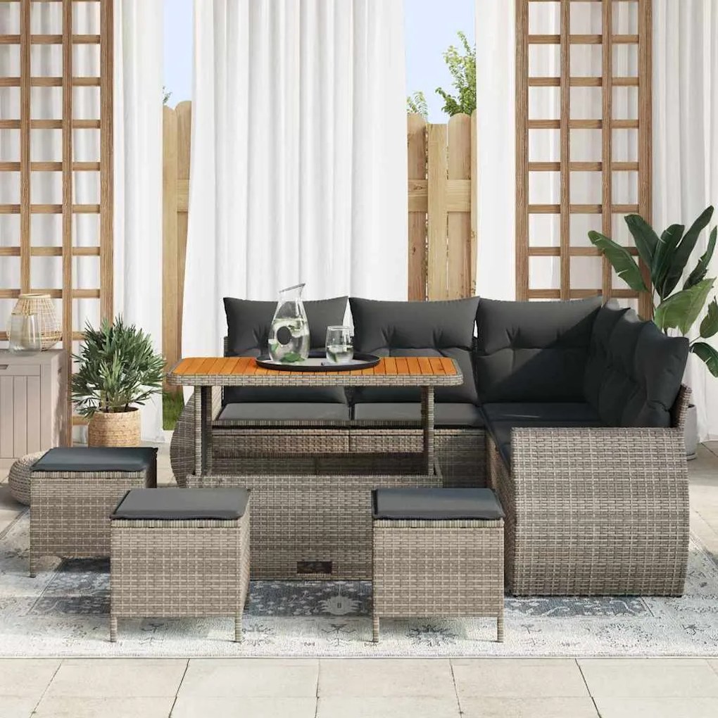 Conjunto de Sofás de Jardim de 9 peças com Almofadas Cinza Rattan Poli