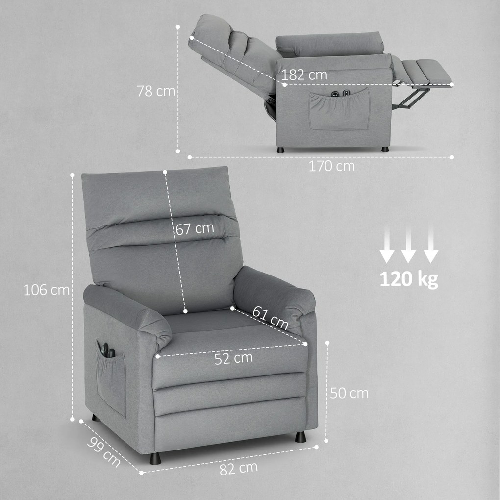 Poltrona Relax com Aquecimento Lombar e Massagem por Vibração Reclinável Função de Memória 82x99x106 cm Cinzento