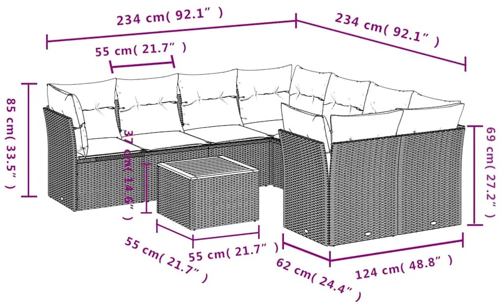 9 pcs conjunto sofás p/ jardim c/ almofadões vime PE cinzento