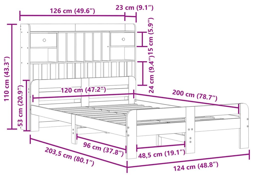 Cama c/ estante sem colchão 120x200cm pinho maciço castanho-mel