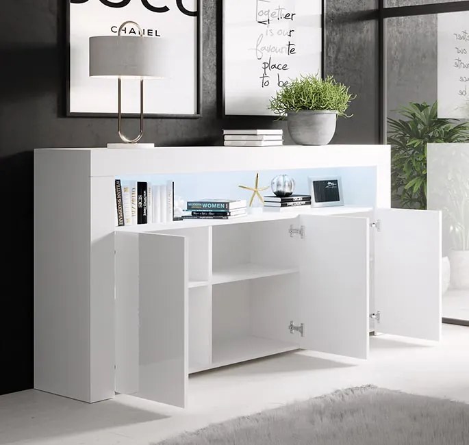 Aparador Alays – 155x37x91,5 cm – Branco Brilhante – 3 Portas com Luz