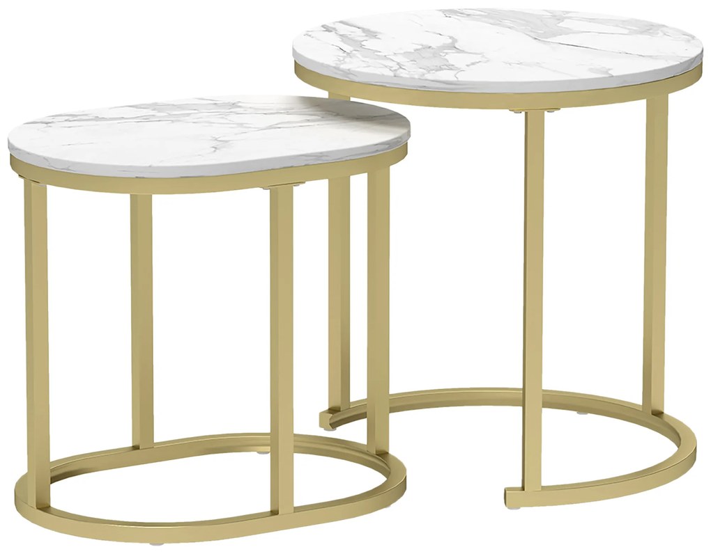 Conjunto de 2 Mesas de Centro Mesas Auxiliares Modernas com Bancada de Efeito Mármore e Estrutura de Aço para Sala Quarto Dourado