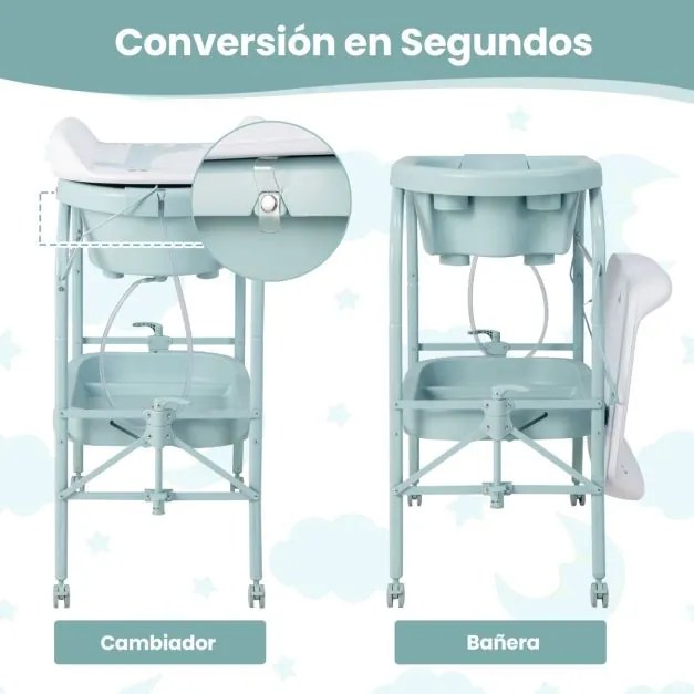 Troca-fraldas com banheira, portátil e dobrável, almofada em PVC, bandeja de armazenamento com 4 rodas universais Azul