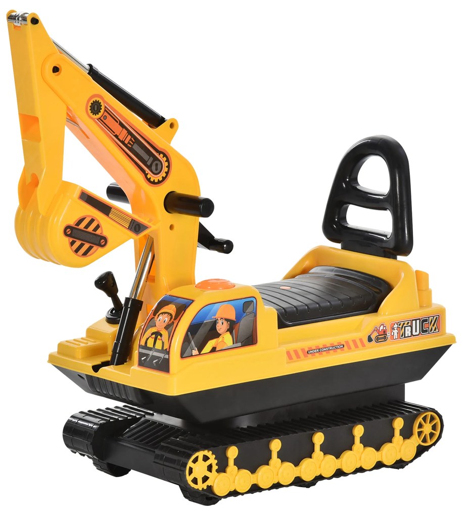 Escavadora sem Pedais com Braço Móvel para bébes Carro Andador com Assento de Armazenamento Pá Dianteira e Buzina 78x24x58,5 cm Amarelo