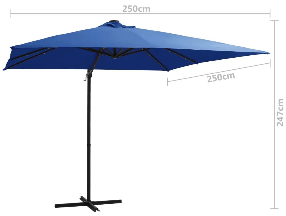 Guarda-sol cantilever luzes LED/poste aço 250x250 cm azul ciano