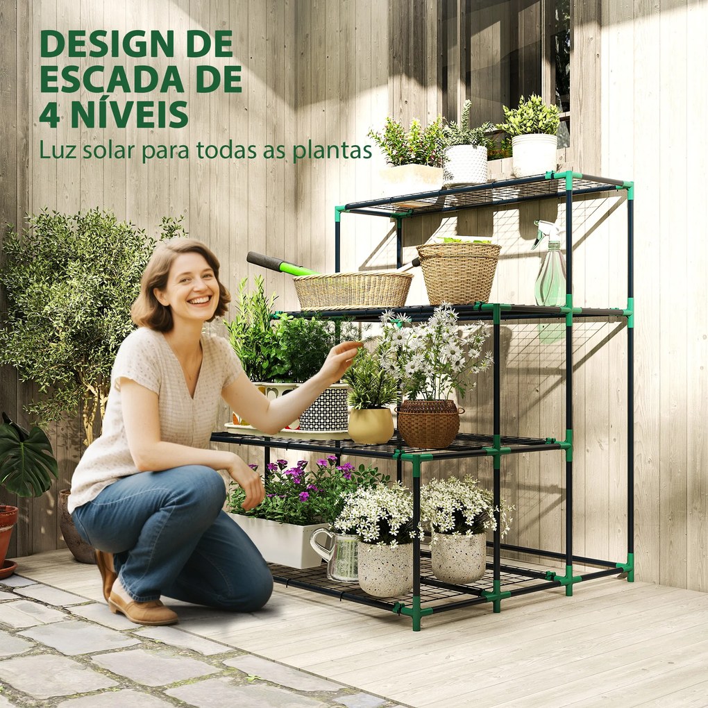 Suporte para Plantas de 4 Níveis com Estilo em Escada e Estrutura Metálica Resistente para Interior e Exterior Verde
