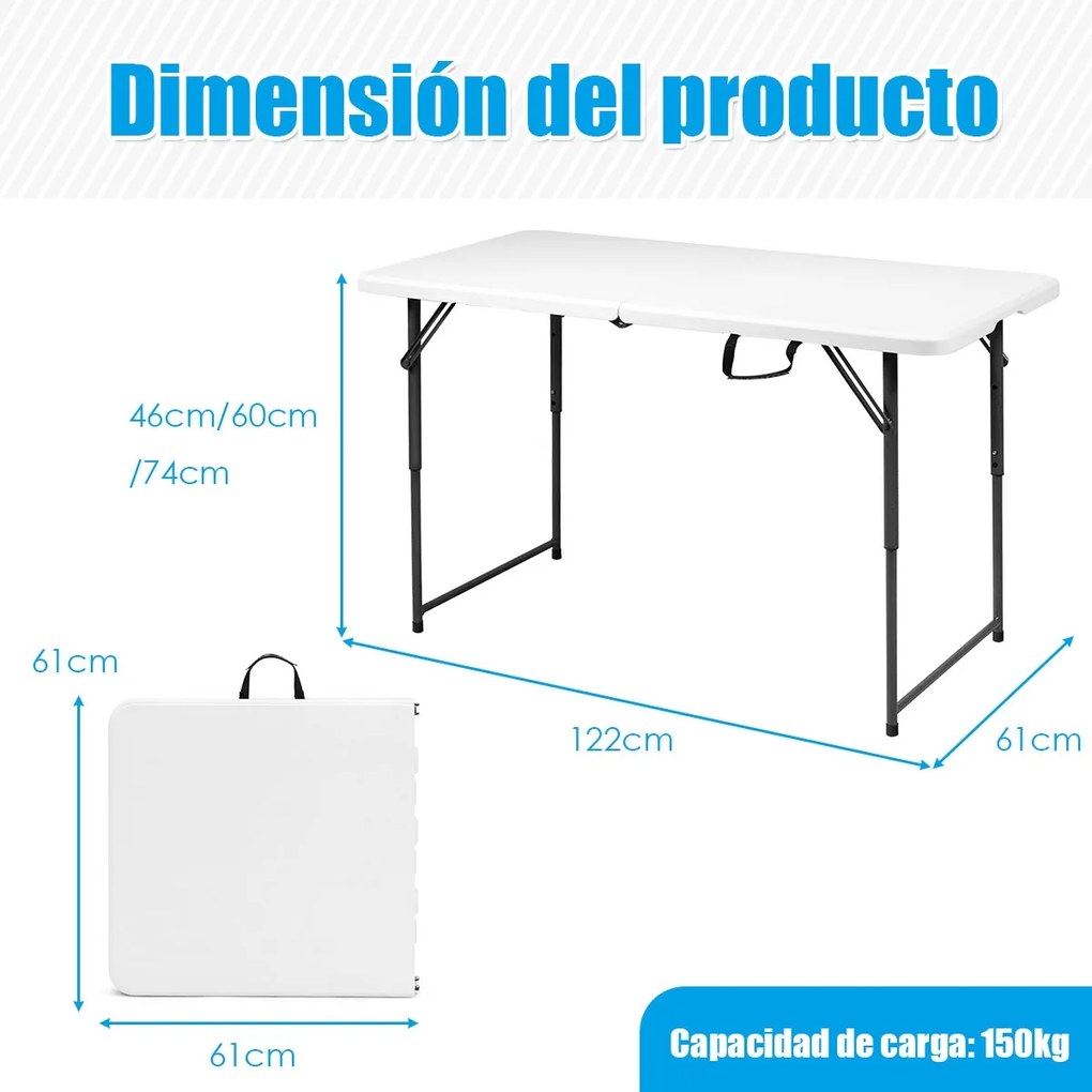 Mesa Dobrável Multi-Uso com 3 Alturas Ajustáveis Poupa Espaço para Campismo e Festas  122 x 61 x 46/60/74 cm Branco